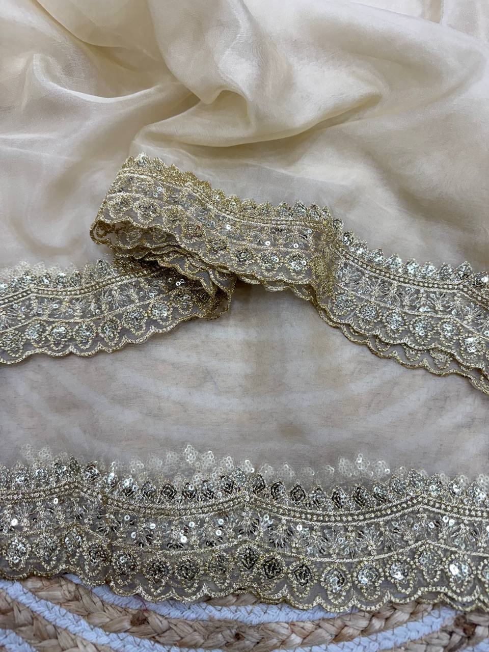 Luxurious Ivory Organza Dupatta with Heavy Golden Sequin & Zari Cutwork Border – Perfect for Weddings & Festive Layering - Image 2